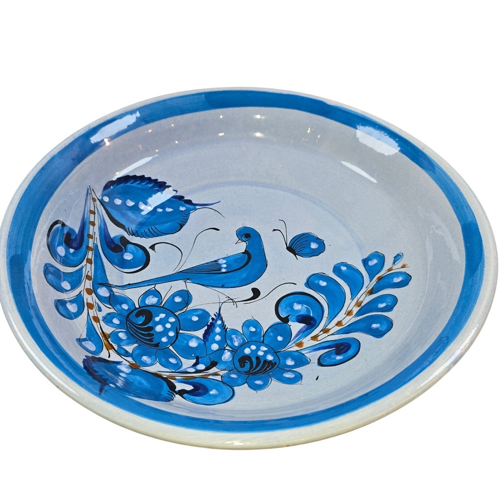 Tonala Large 12" Ceramic Bowl Blue Bird Flowers Hand-Painted Mexico Vintage Dish